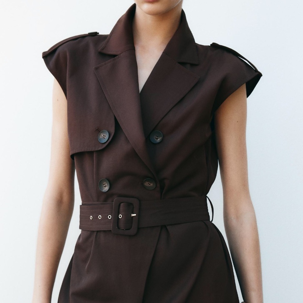 ZARA Brown Sleeveless Jumpsuit with belt - utility styling pockets - Large - Picture 6 of 11